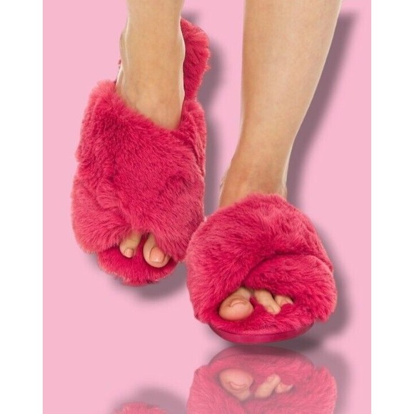 Flora Berry Rouge Super Soft Fuzzy Faux Fur Crossband Womens 7/8 House Slippers - Picture 14 of 16